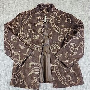 Chicos Womens Cardigan Jacket Size 0 Linen Blend Open Front Brown Paisley Boho